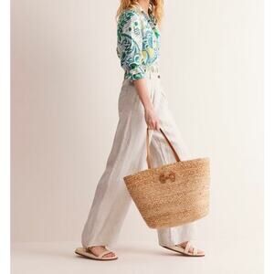 Boden women´s Regent Pleat Minimalist Neutral Metallic Linen Trousers Size 12